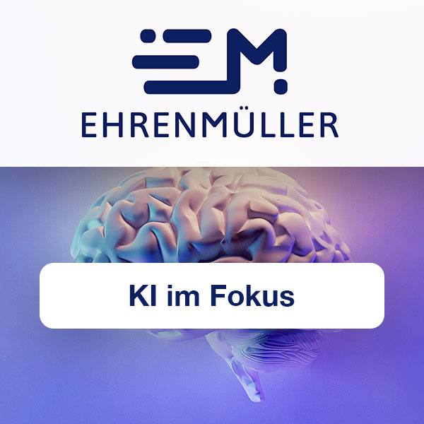 Eventbild für den Vortrag "KI im Fokus". Zu sehen ist das Logo der Ehrenmüller GmbH und der Vortragsname auf einem Foto eines Gehirns als 3D-Model.
